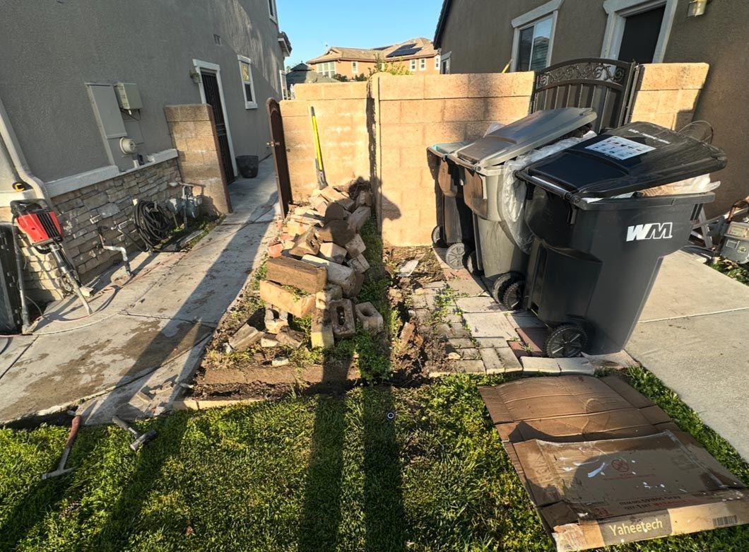 Person on a narrow backyard path between houses, beside bins and a wooden fence.