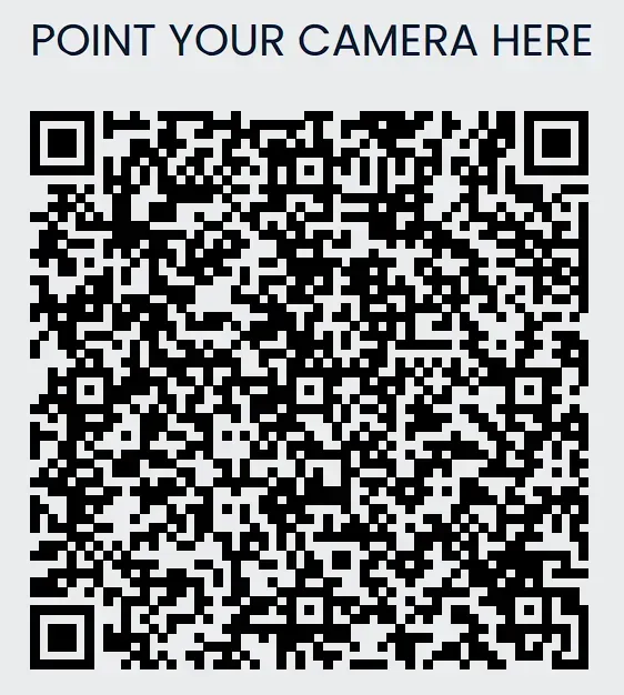 QR code with “POINT YOUR CAMERA HERE” text above it on a white background