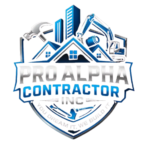 Pro Alpha Contractor Inc logo with blue house, tools, and construction equipment emblem