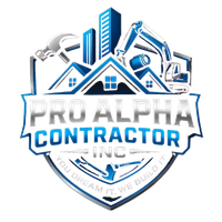 Pro Alpha Contractor Inc logo with blue house, tools, and construction equipment emblem