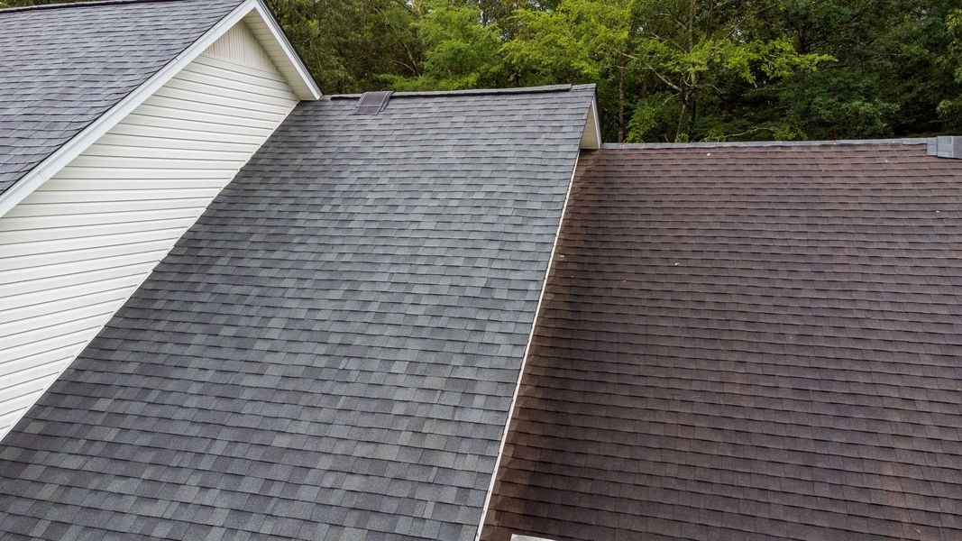 Three adjacent shingled rooftops, including a white-sided gable and two darker roofs, viewed from above.