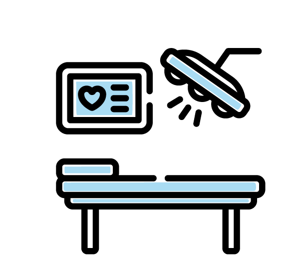 An icon of a hospital bed with a heart monitor and an operating light.