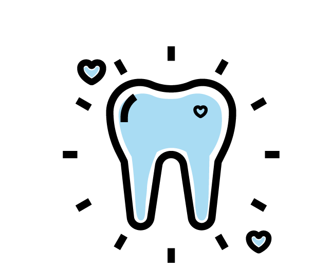 A tooth with hearts around it on a white background.