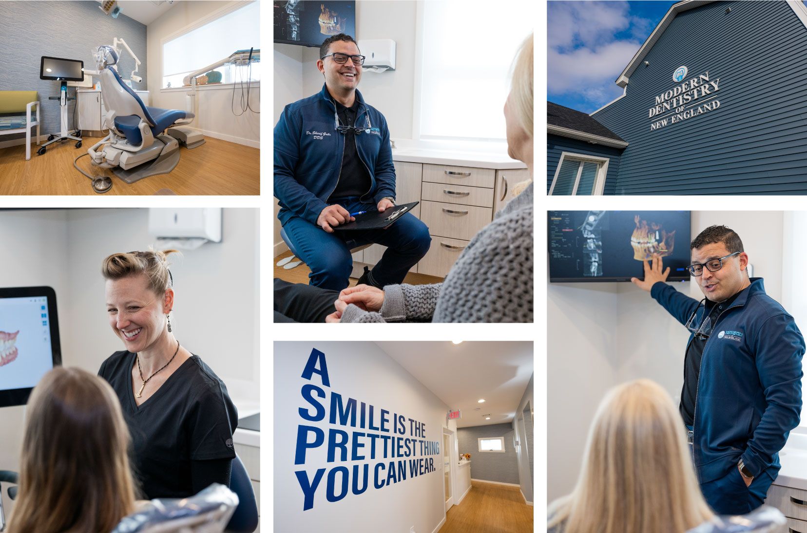 A collage of photos of people at a dental office.