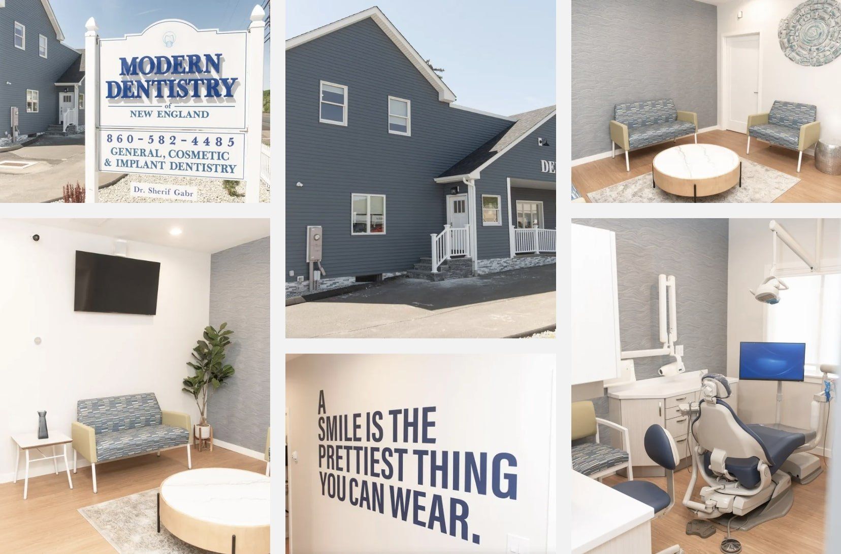 A collage of photos of a dental office with a sign that says modern dentistry