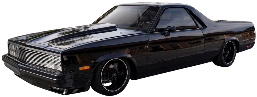 Black classic muscle car in side view, with chrome accents and tinted windows.