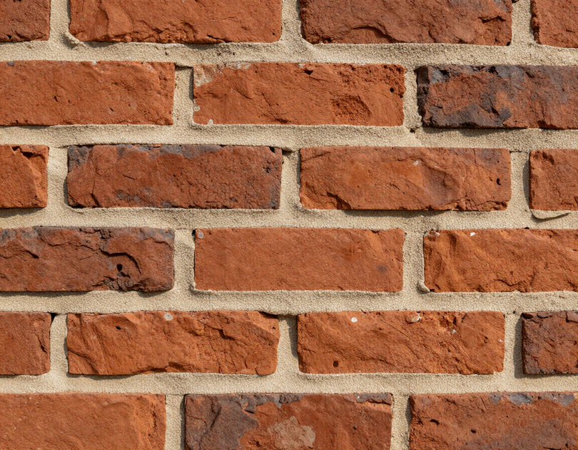 Close-up of handlaid brick masonry with mortar lines