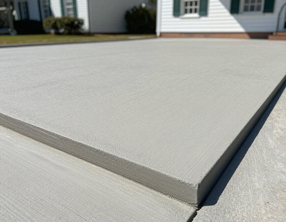 Freshly poured concrete driveway with broom finish and clean edges