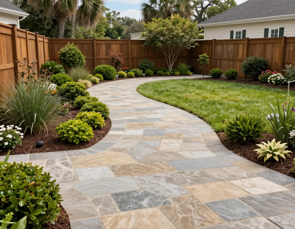 Completed outdoor patio with curved walkway and landscaping integration