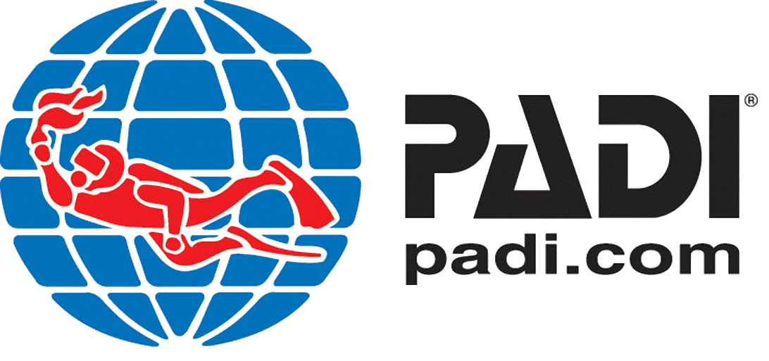 A logo for padi scuba diving with a scuba diver in a globe.