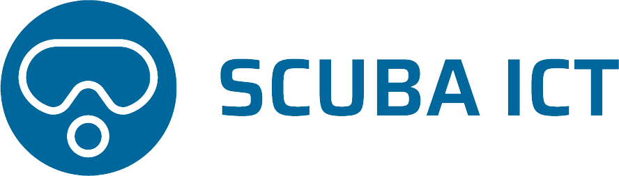 The logo for scuba ict is a blue circle with a scuba mask in it.