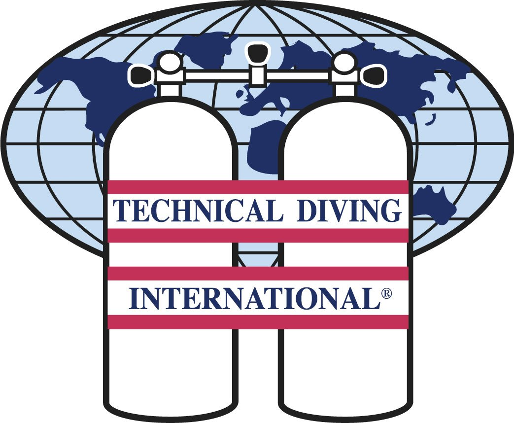 A logo for technical diving international with a globe in the background