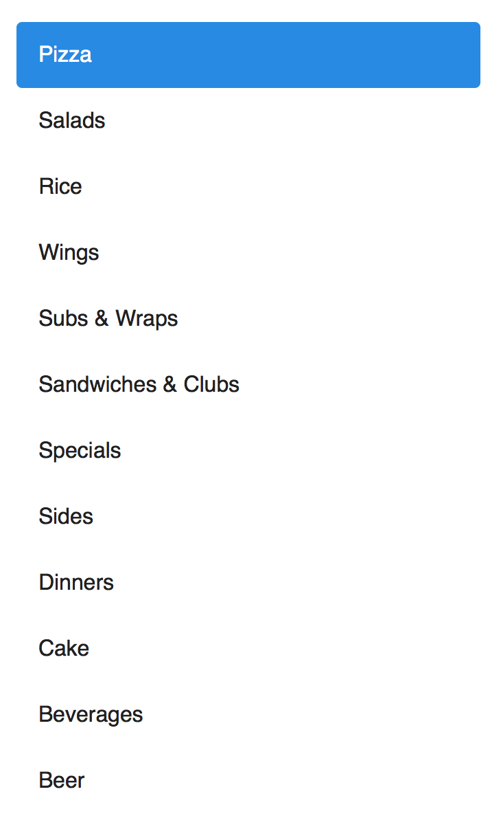 A screenshot of a menu for a pizza restaurant.