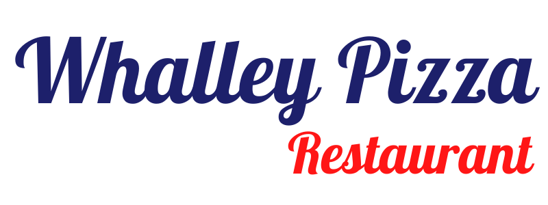 The logo for whalley pizza restaurant is blue and red.