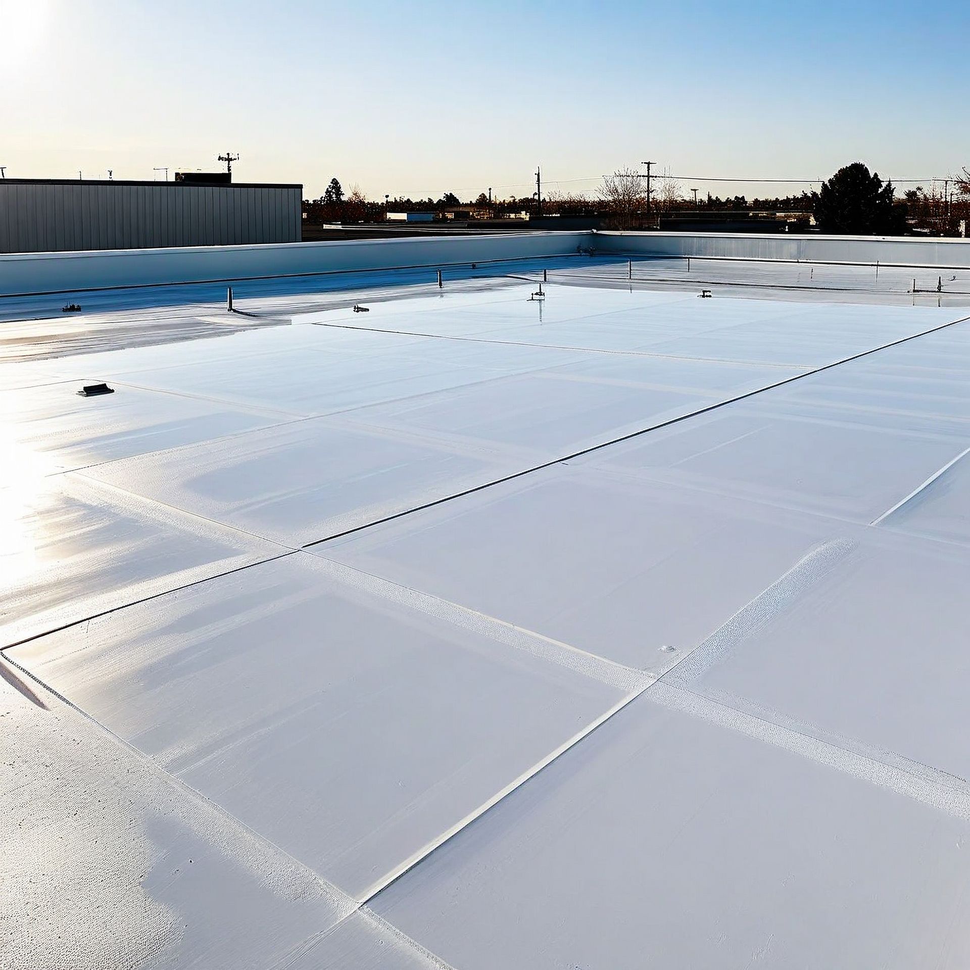 Snow-covered flat rooftop with bright white reflective surface at sunset