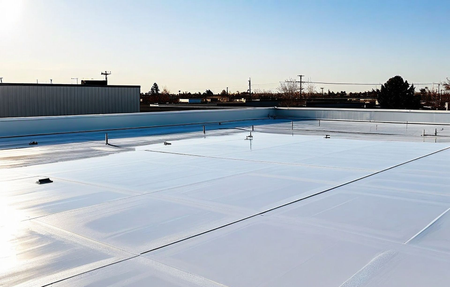 Snow-covered rooftop under a clear sky at sunrise, with distant industrial buildings on the horizon