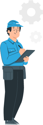 Een man in een blauw uniform houdt een klembord vast en schrijft erop.