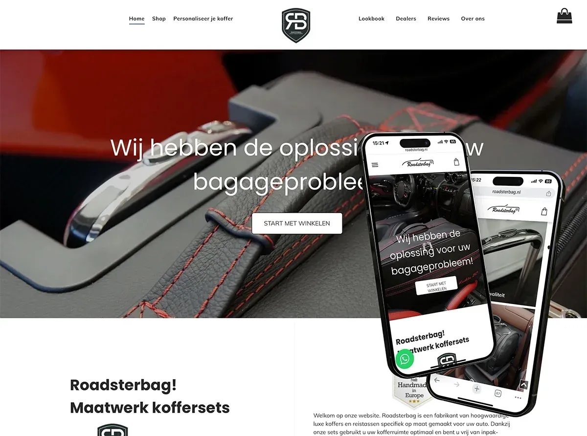 Een screenshot van een website waarop een koffer en een mobiele telefoon te zien zijn.