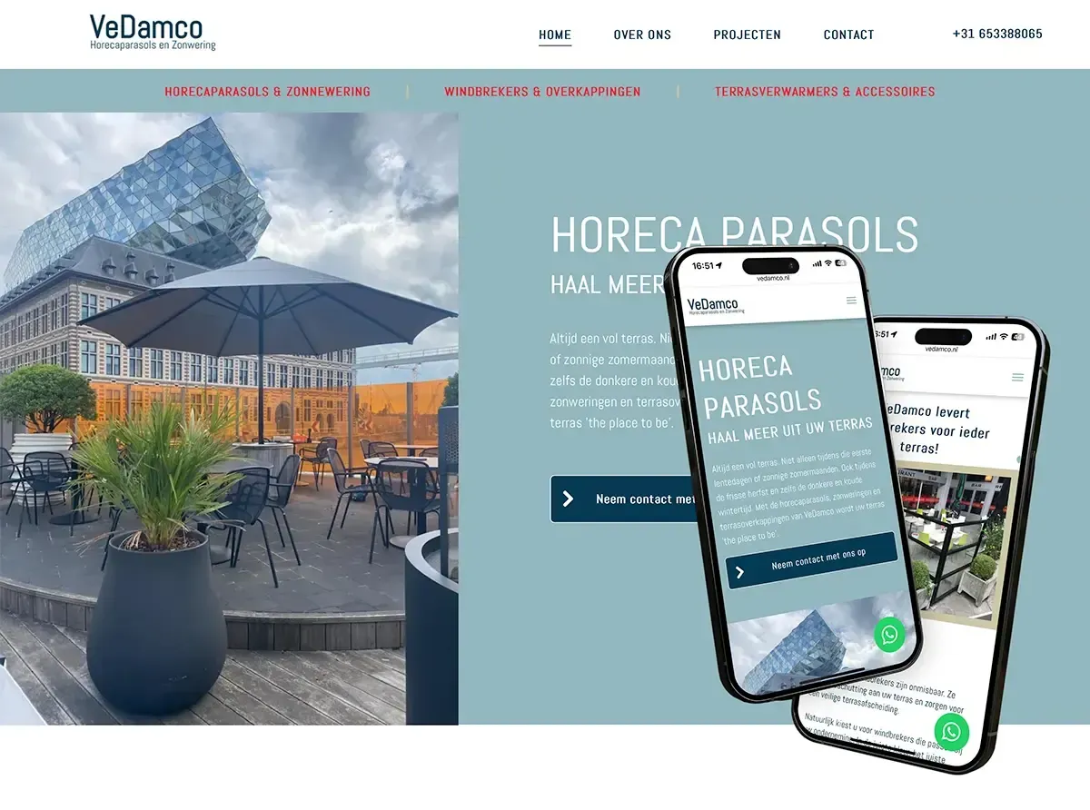 Een screenshot van een website met ernaast twee telefoons.