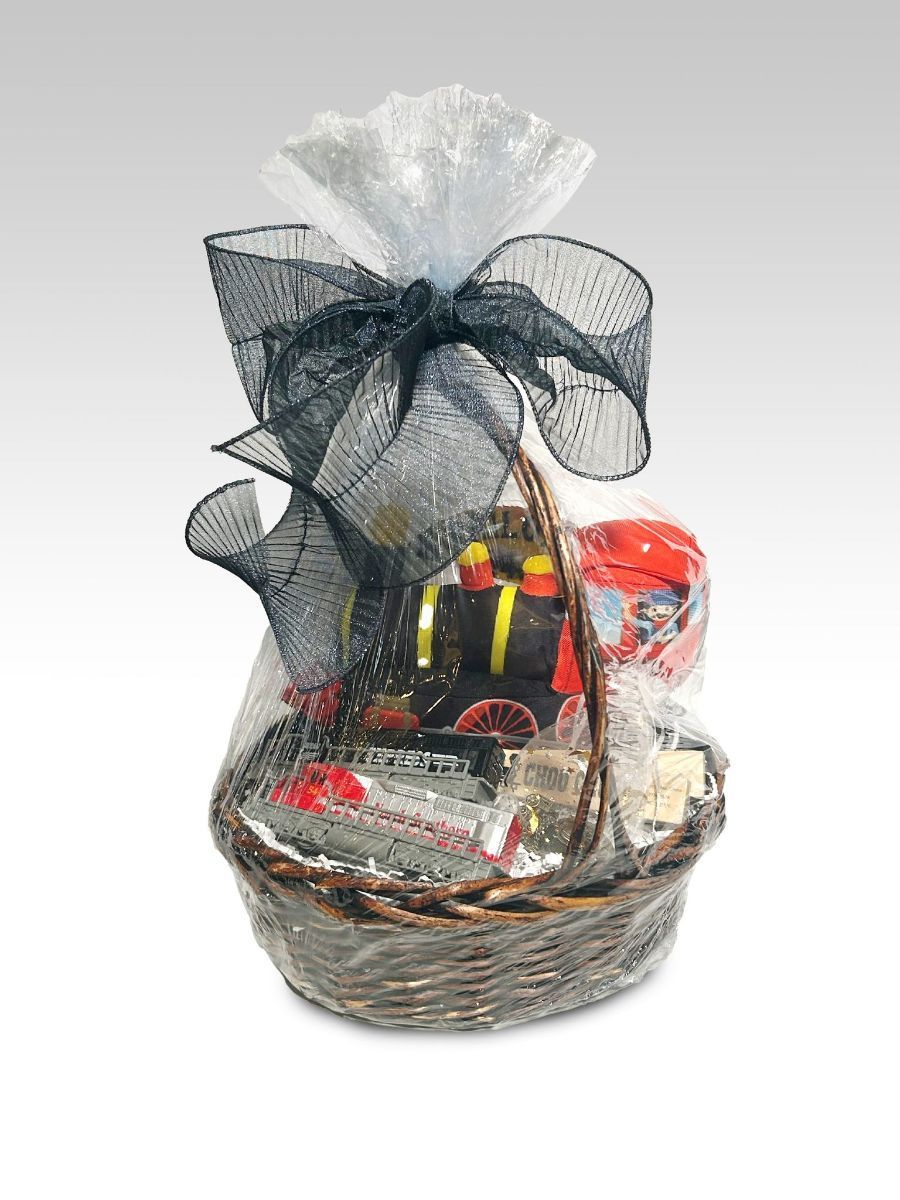 A gift basket with a black bow on top of it