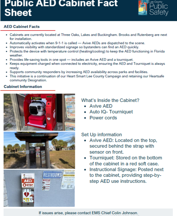 Public AED Cabinet Fact Sheet with cabinet details and setup instructions.