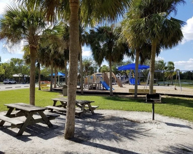 Picnic tables under palm trees overlooking a playground with slides and swings.