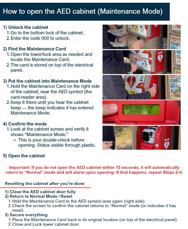 Instructions for opening an AED cabinet in maintenance mode, with images of the steps.