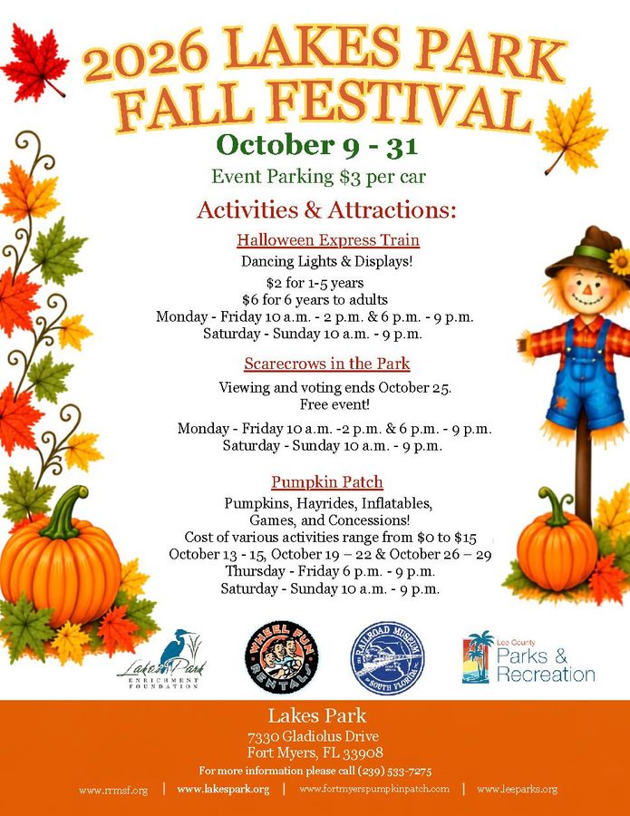 Lakes Park Fall Festival 2026 poster with a scarecrow in a park and the title “Scarecrows in the Park”