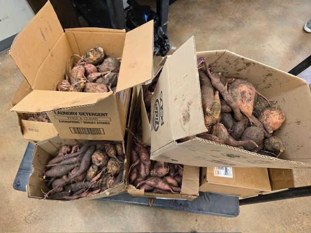 Three boxes of sweet potatoes are stacked on top of each other on a table.