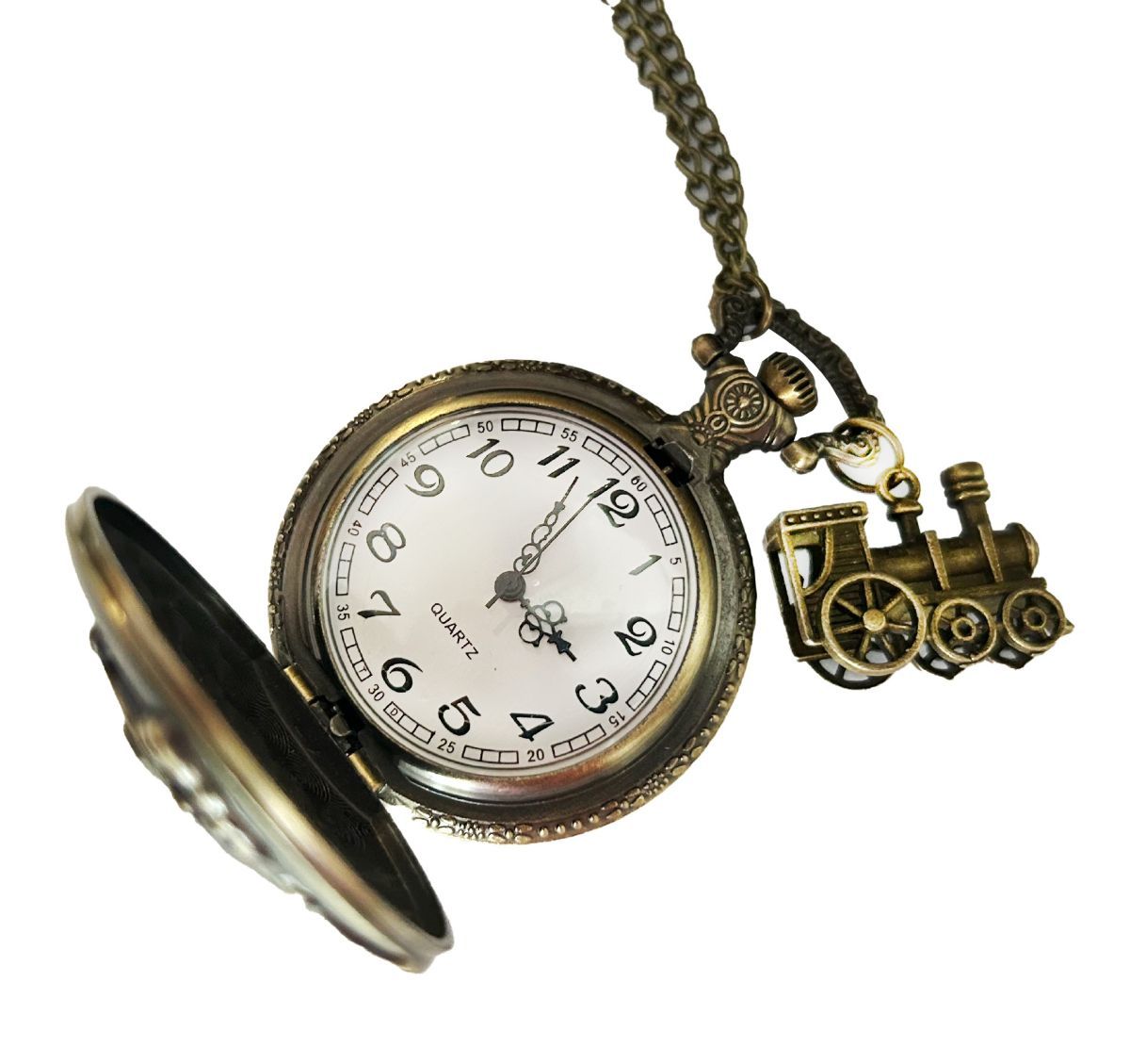 A pocket watch with a train pendant on a chain