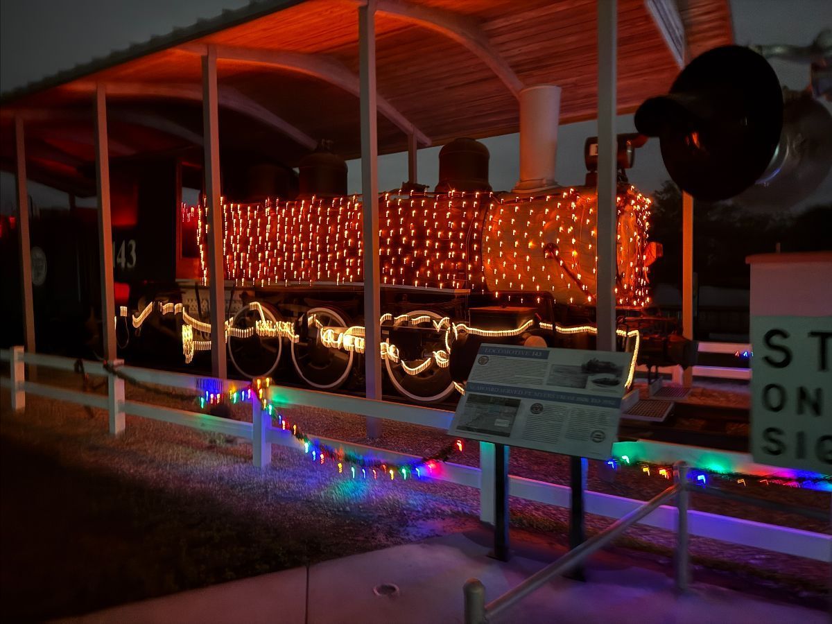 Steam train decorated with colorful lights, under a covered structure, at night.