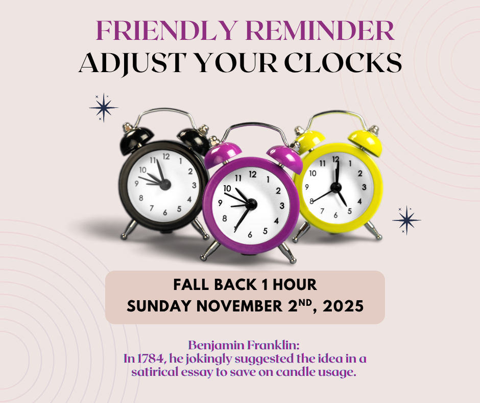Reminder to fall back one hour, with clocks and date: Sunday, November 2nd, 2025.
