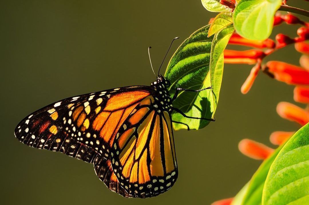 Monarch butterfly with orange and black wings perched on green leaf, next to red flowers.