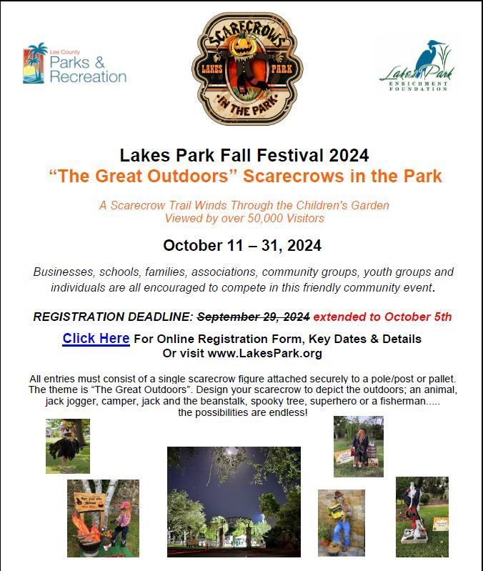A flyer for lakes park fall festival 2024 the great outdoors scarecrows in the park.
