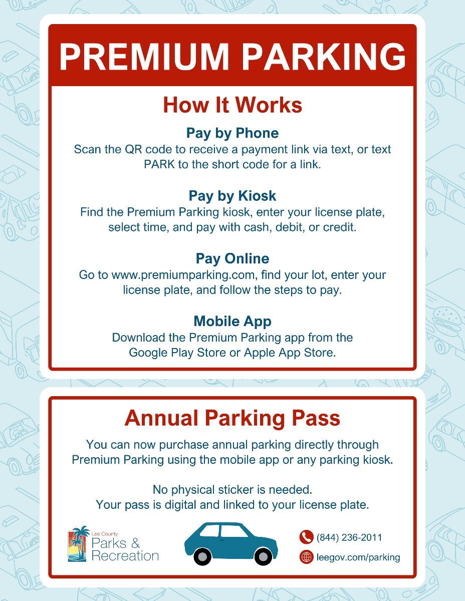 A sign that says premium parking how it works and annual parking pass