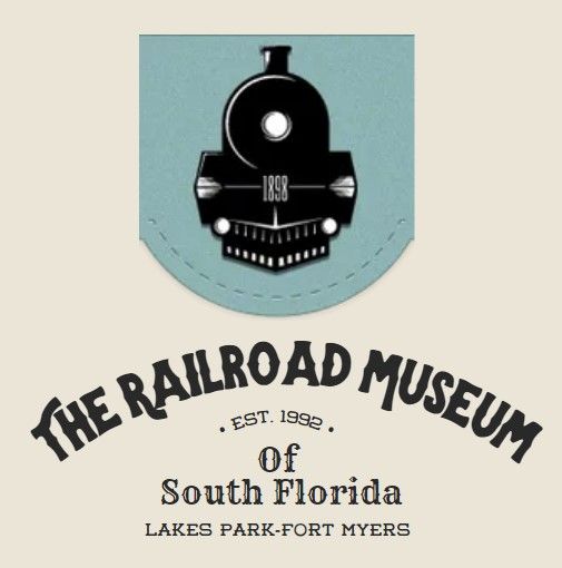 Logo for the Railroad Museum of South Florida. Black train illustration on a blue shield, text below on beige background.
