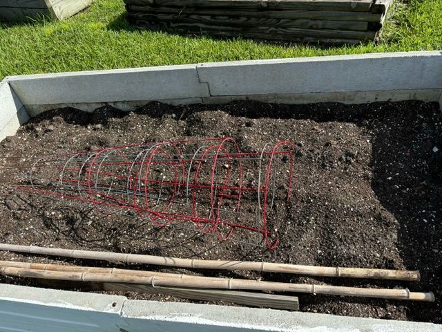 A garden bed with a wire fence and wooden sticks in it.