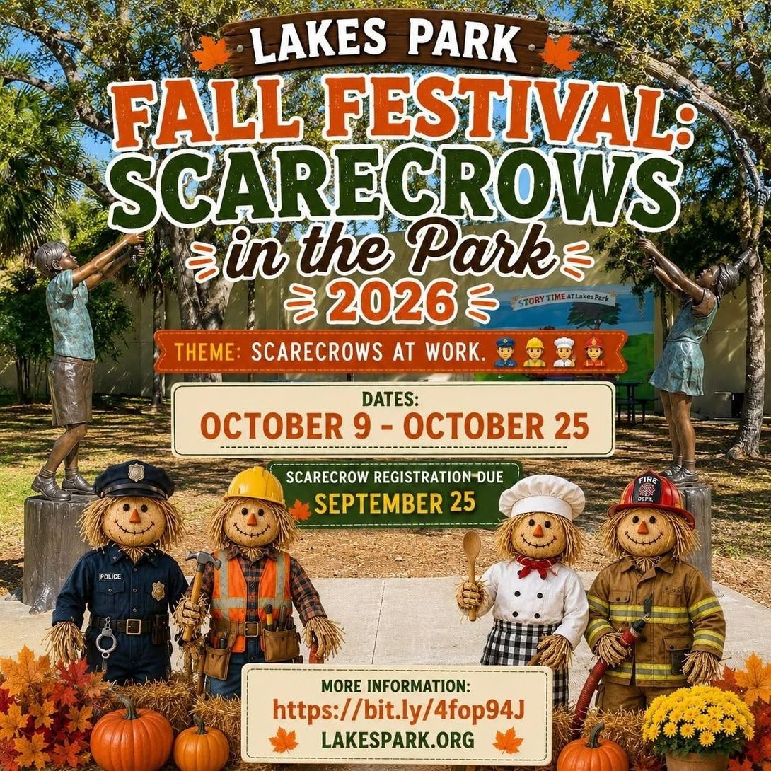 Lakes Park Fall Festival 2026 poster with a scarecrow in a park and the title “Scarecrows in the Park”
