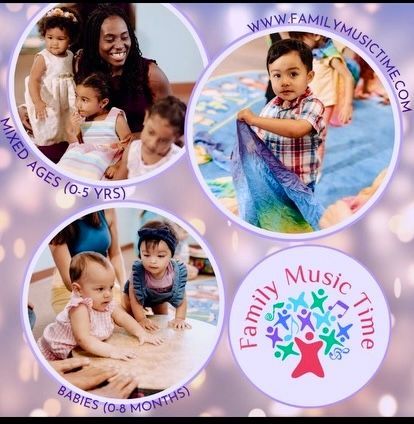 Family Music Time: Group of children & adults engaging in music classes, with ages ranging from 0 months to 5 years.
