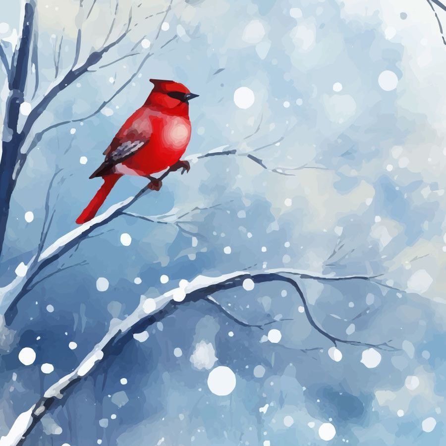 Red cardinal perched on snow-covered branch in a winter scene, with falling snowflakes and a blue background.