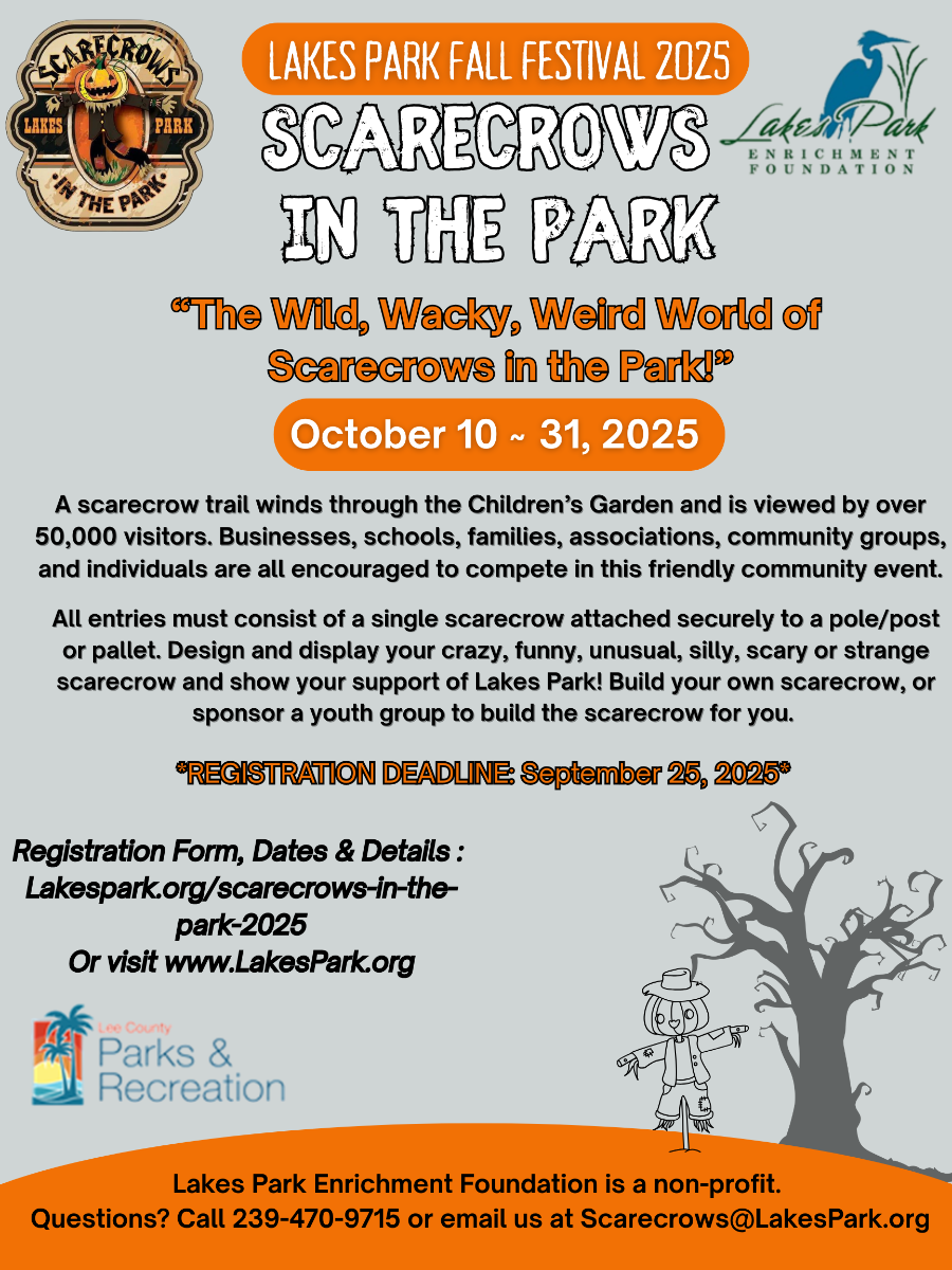 Poster: Scarecrow festival at Lakes Park, October 10-31, 2025. Businesses, groups, and individuals can compete in the event.