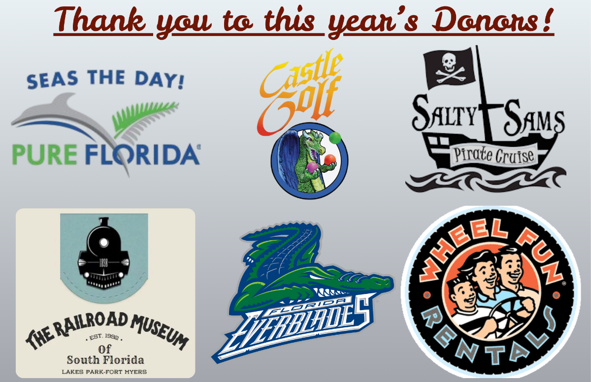 Logos of donors: Pure Florida, Castle Golf, Salty Sam's Pirate Cruise, The Railroad Museum, Everglades, Wheel Fun Rentals.