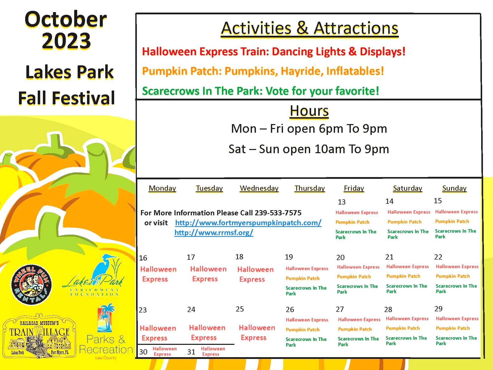 A calendar for the october 2023 lakes park fall festival