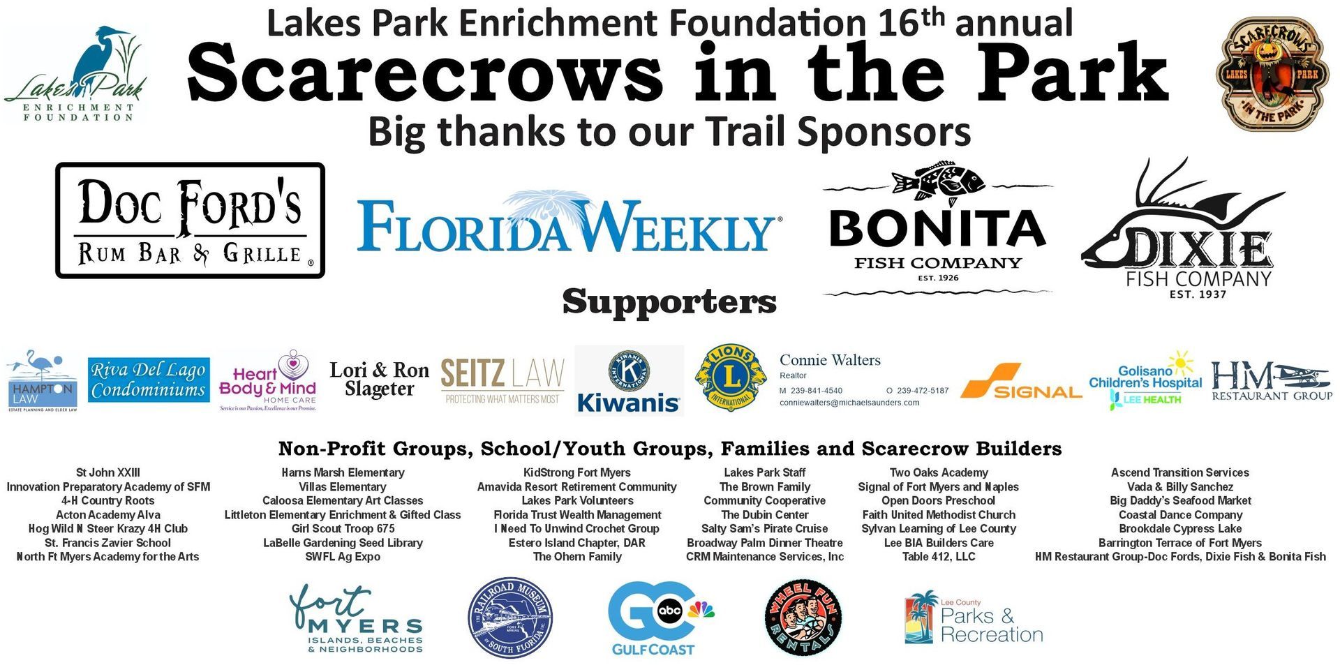 Scarecrows in the Park event poster with sponsor logos and dates at Lakes Park, Lee County, Florida