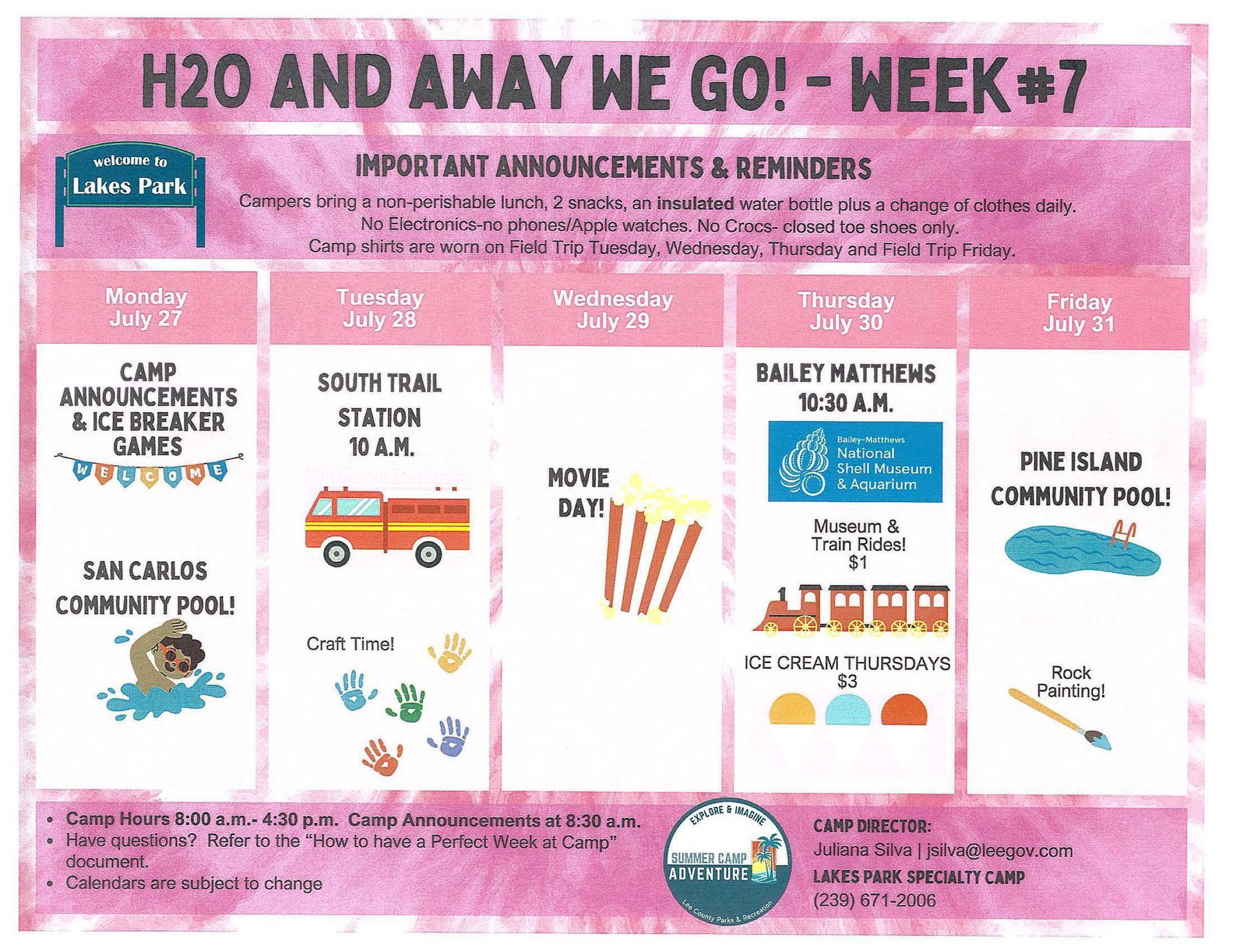 Pink “H2O and Away We Go! Week 7” camp schedule with daily activities and announcements.