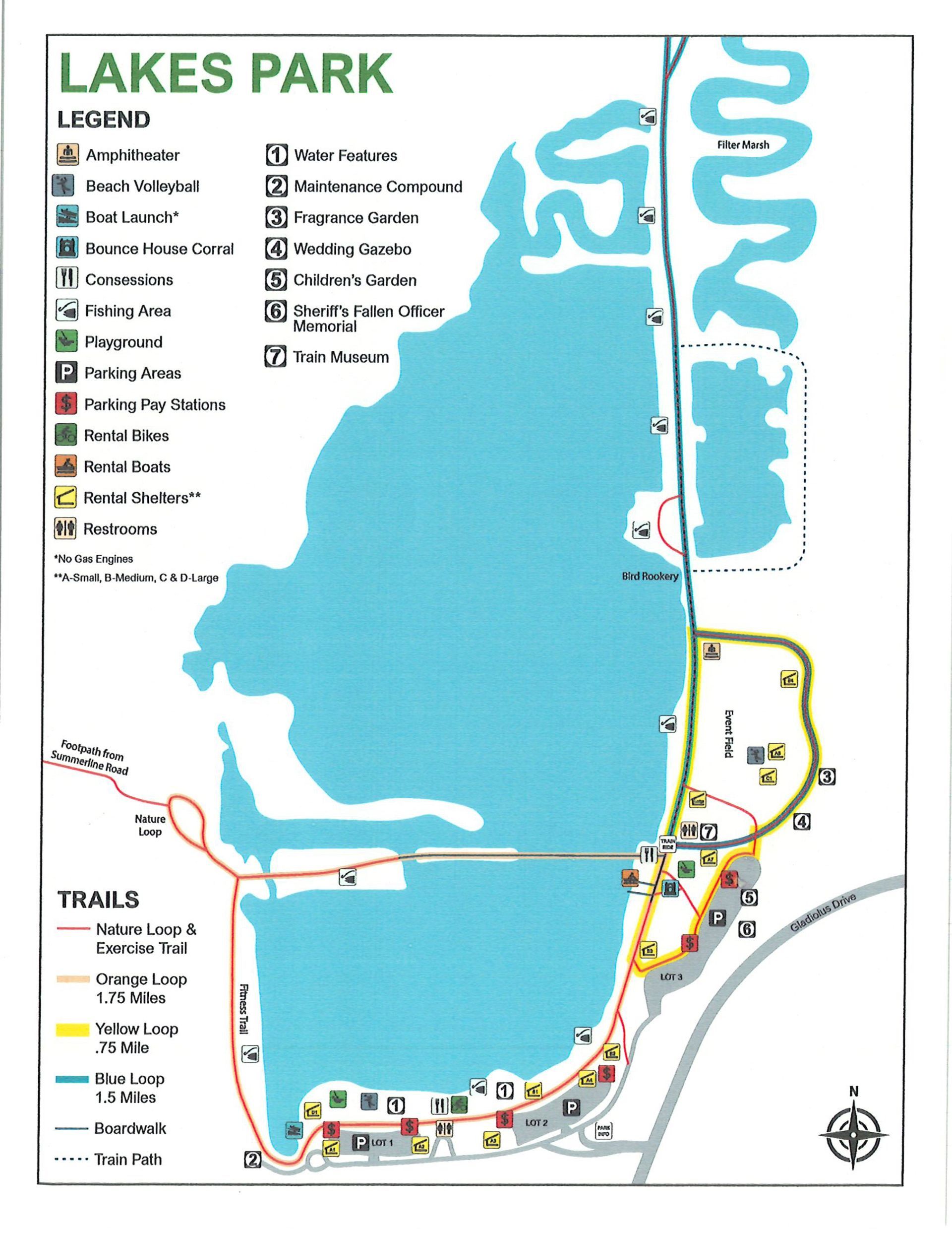 Map of Lakes Park, with trails, lake, and various park amenities.