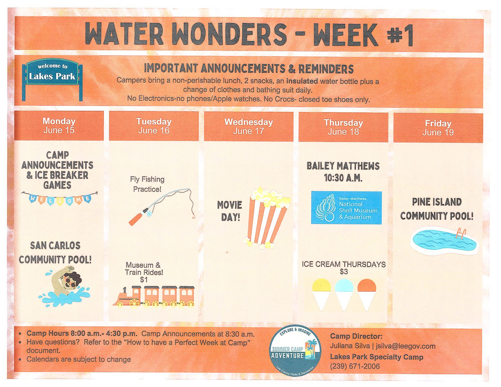 Orange “Water Wonders – Week #1” camp schedule poster with activities and reminders in multiple columns