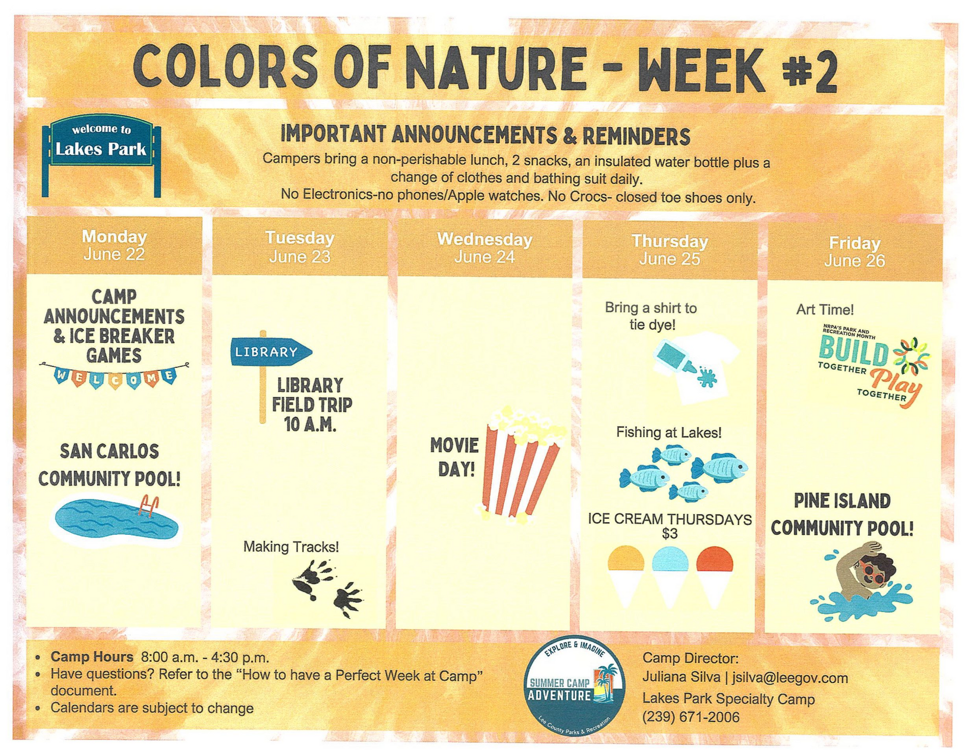 Colors of Nature Week 2 camp schedule poster with daily activities, announcements, and pool days