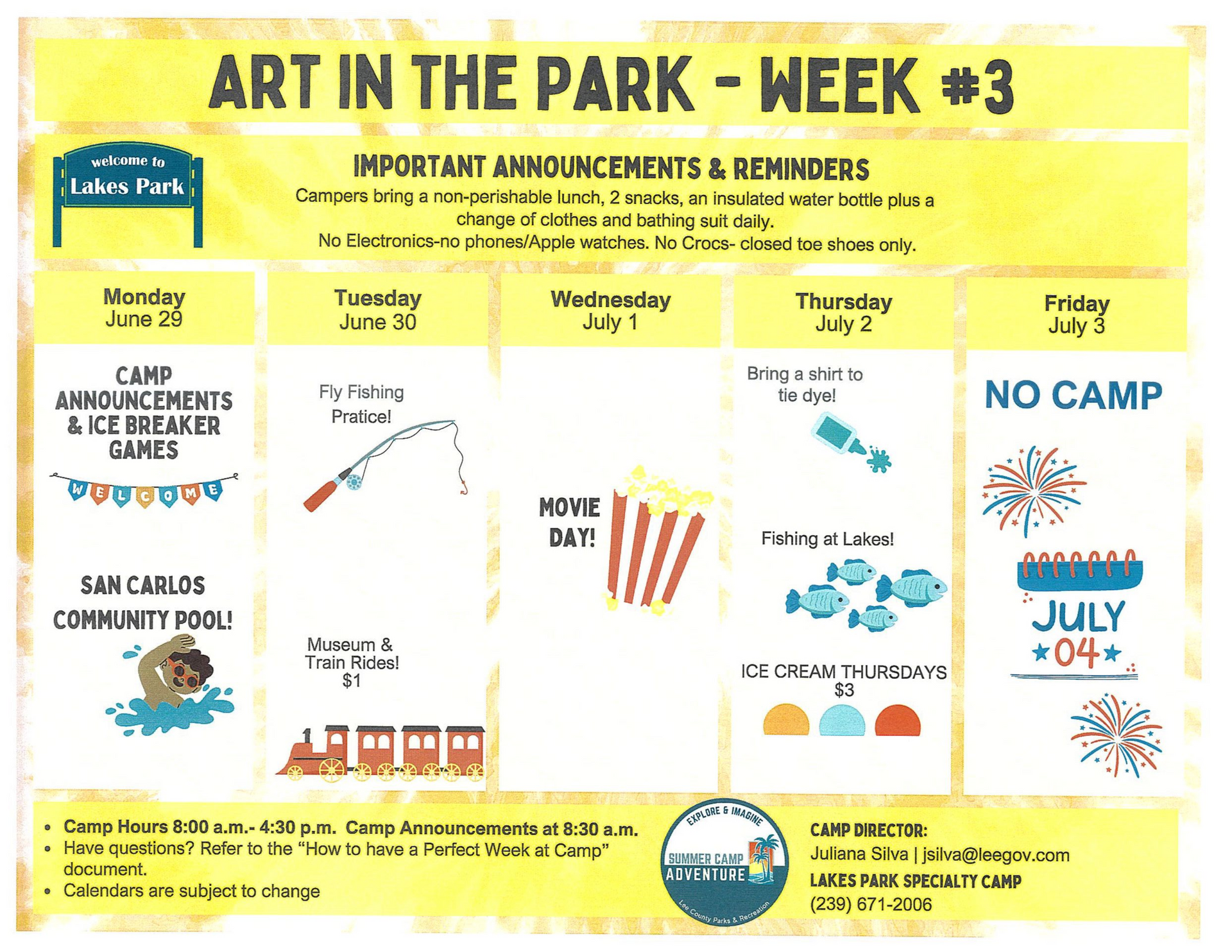 Art in the Park Week 3 schedule poster with daily camp activities and reminders in yellow and blue.