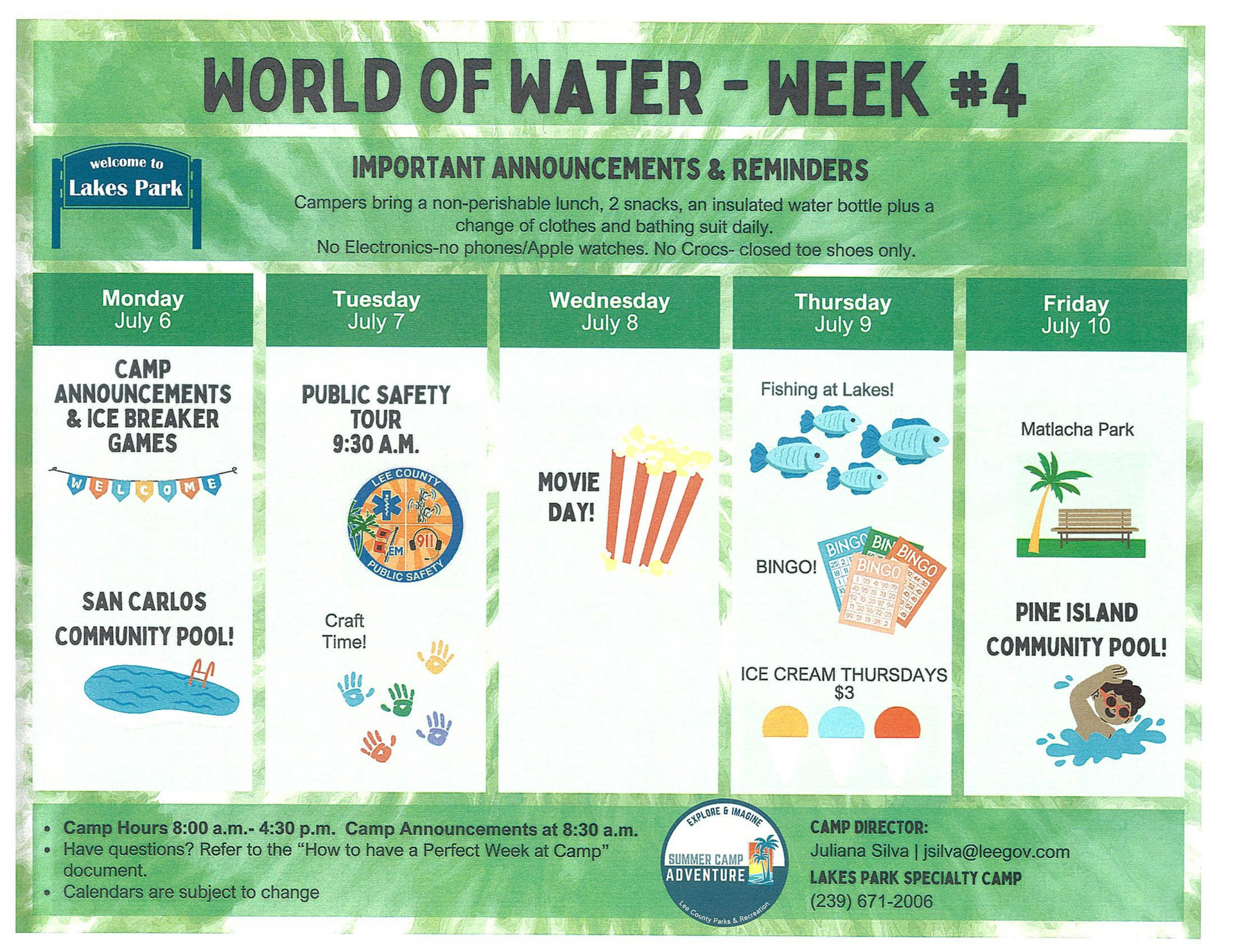 World of Water Week 4 green camp bulletin with schedule, reminders, and water-themed activities
